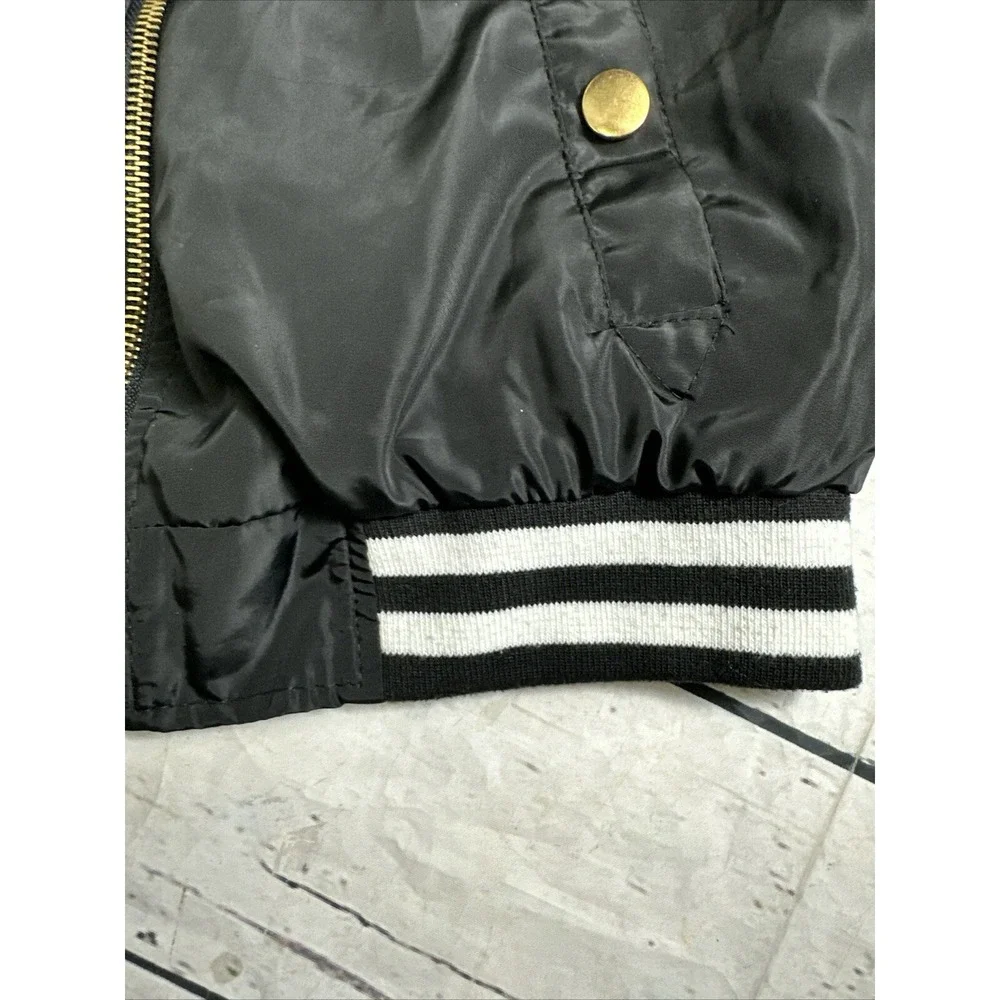 Charlotte Russe Womens Black Bomber Jacket Varsity Stripe Ruched Sleeve XS